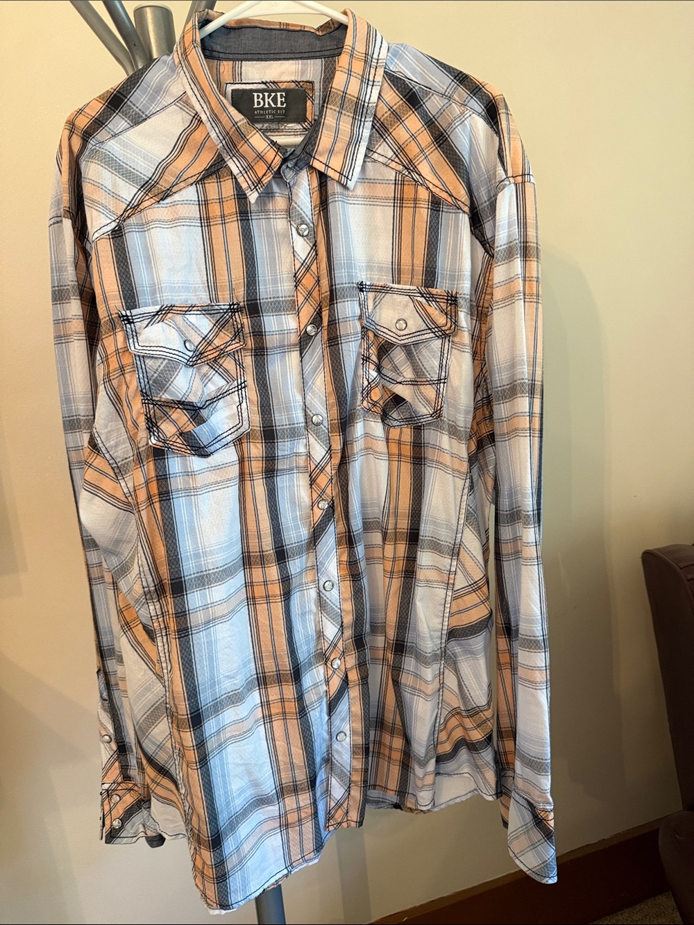 BKE Orange, Gray & White Plaid Button-Down Shirt
